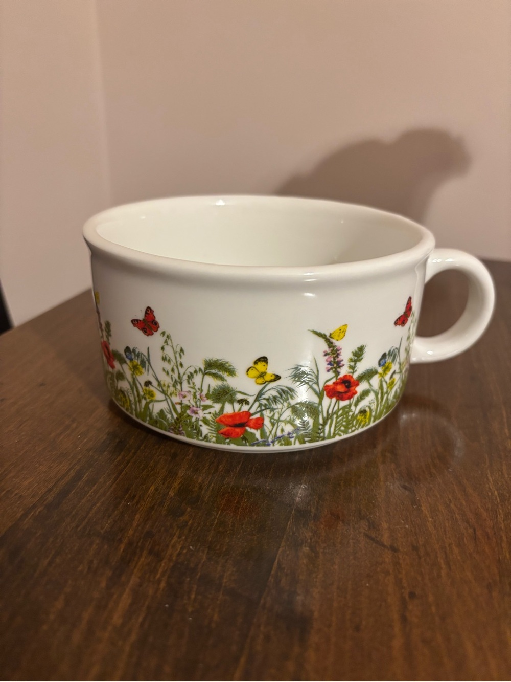 White Ceramic Soup Mug with Floral & Butterfly Pattern
